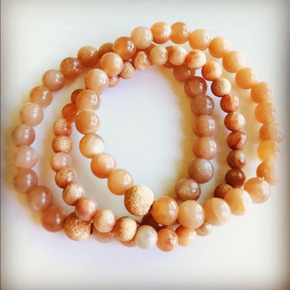 Pink Moonstone + Rose Gold Bracelet • Stack of 3